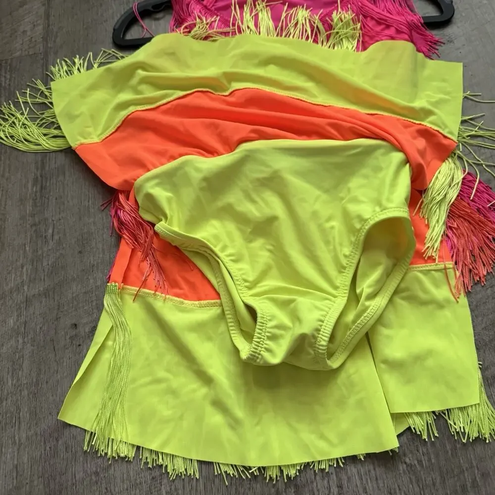 Revolution RC24609 What Is Love Size LC Girls Large Dance Leotard Fringe Neon